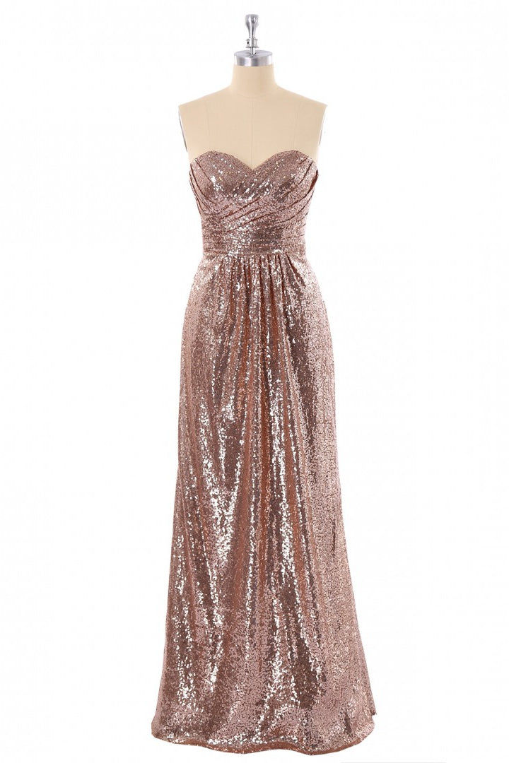 Sweetheart Rose Gold Sequin A-line Long Bridesmaid Dress