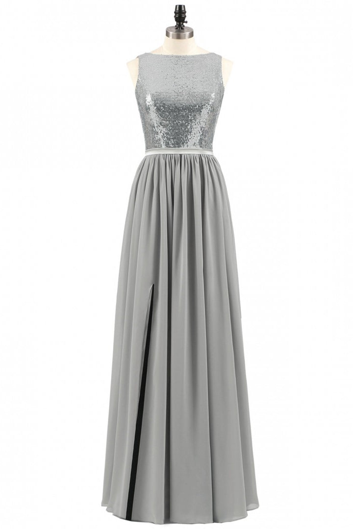Grey Sequin and Chiffon A-line Long Bridesmaid Dress
