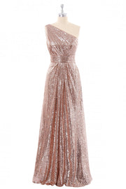 Rose Gold Sequin One Shoulder Long Bridesmaid Dress