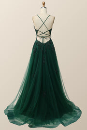 Sage Green V Neck Appliques Long Formal Dress