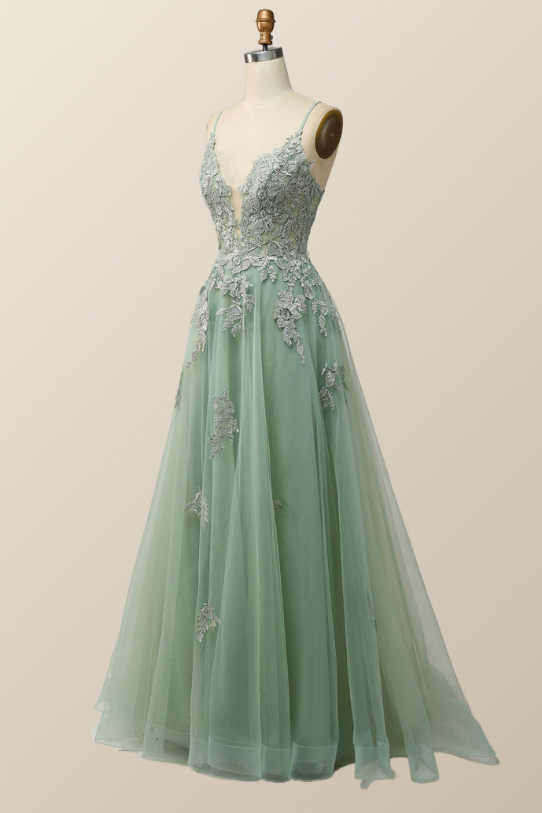 Satin Gown with V-neck and Floral Lace Appliques Dusty Sage main image 0