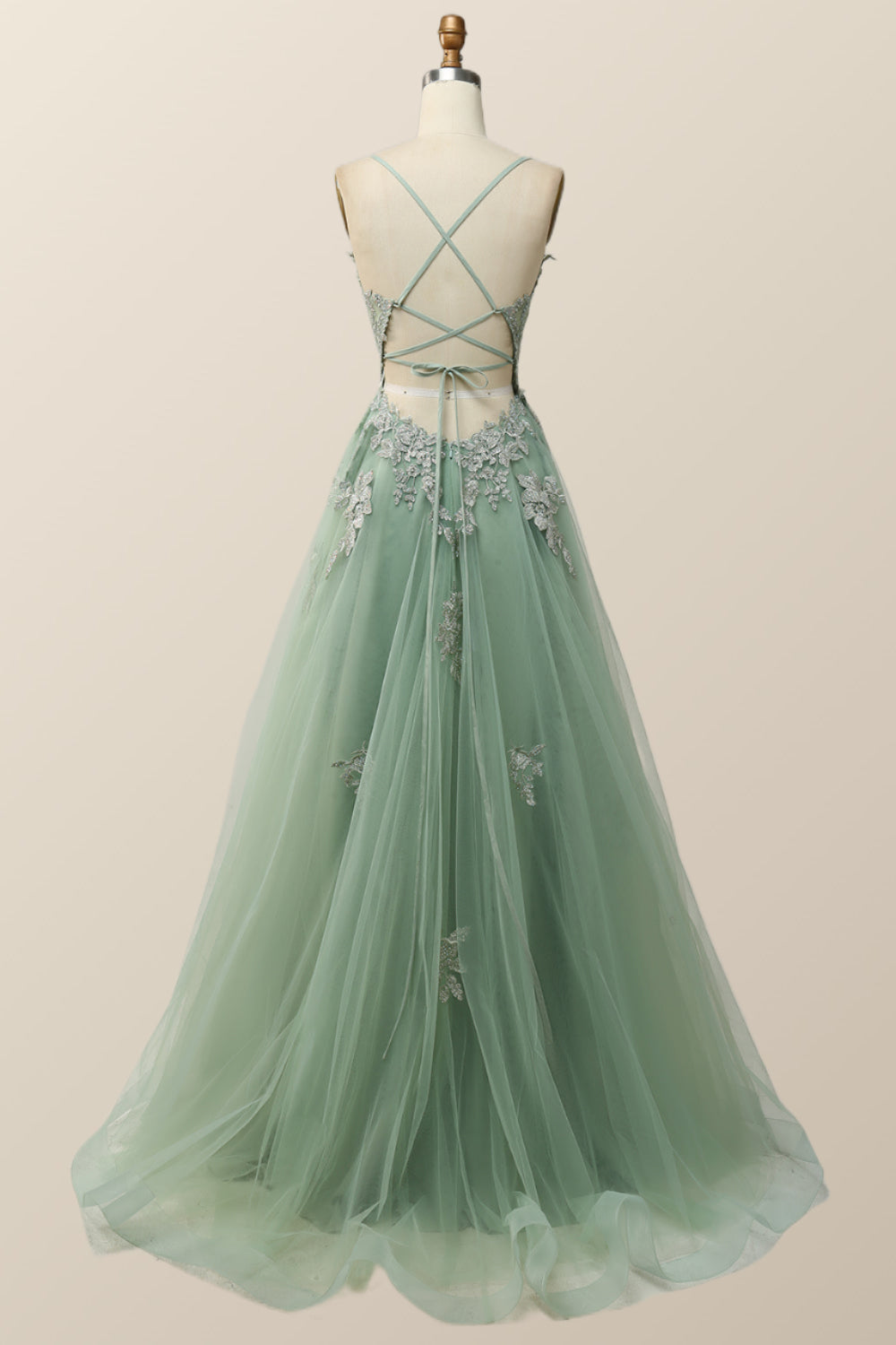 Sage Green V Neck Appliques Long Formal Dress