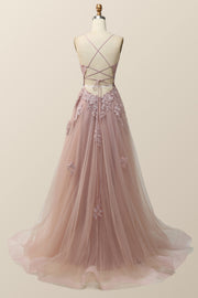 Blush Pink V Neck Appliques Long Formal Dress