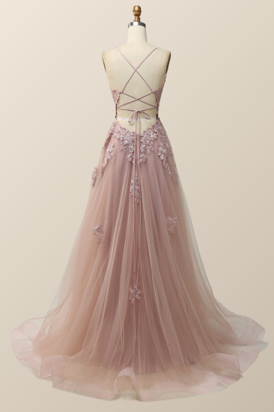 Blush Pink V Neck Appliques Long Formal Dress