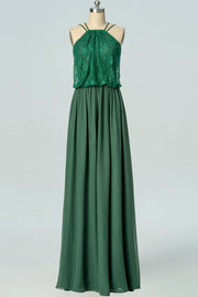Hunter Green Lace and Chiffon A-line Long Bridesmaid Dresss