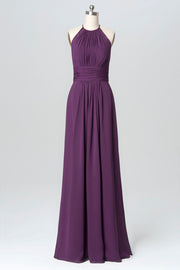 Halter Purple Chiffon A-line Long Bridesmaid Dress