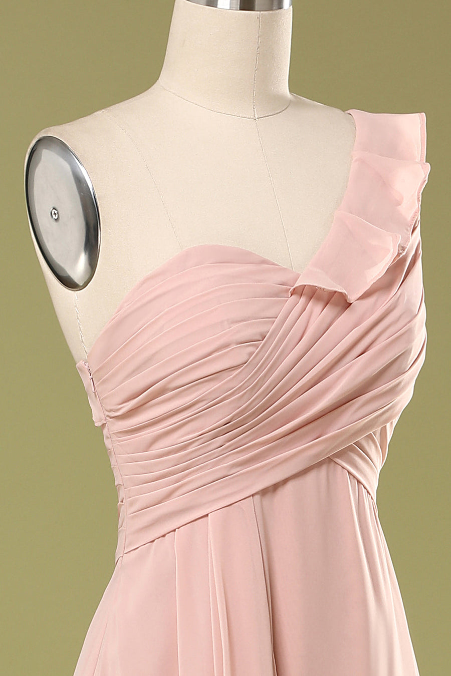 One Shoulder Blush Pink Chiffon Long Bridesmaid Dress
