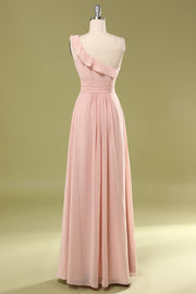 One Shoulder Blush Pink Chiffon Long Bridesmaid Dress