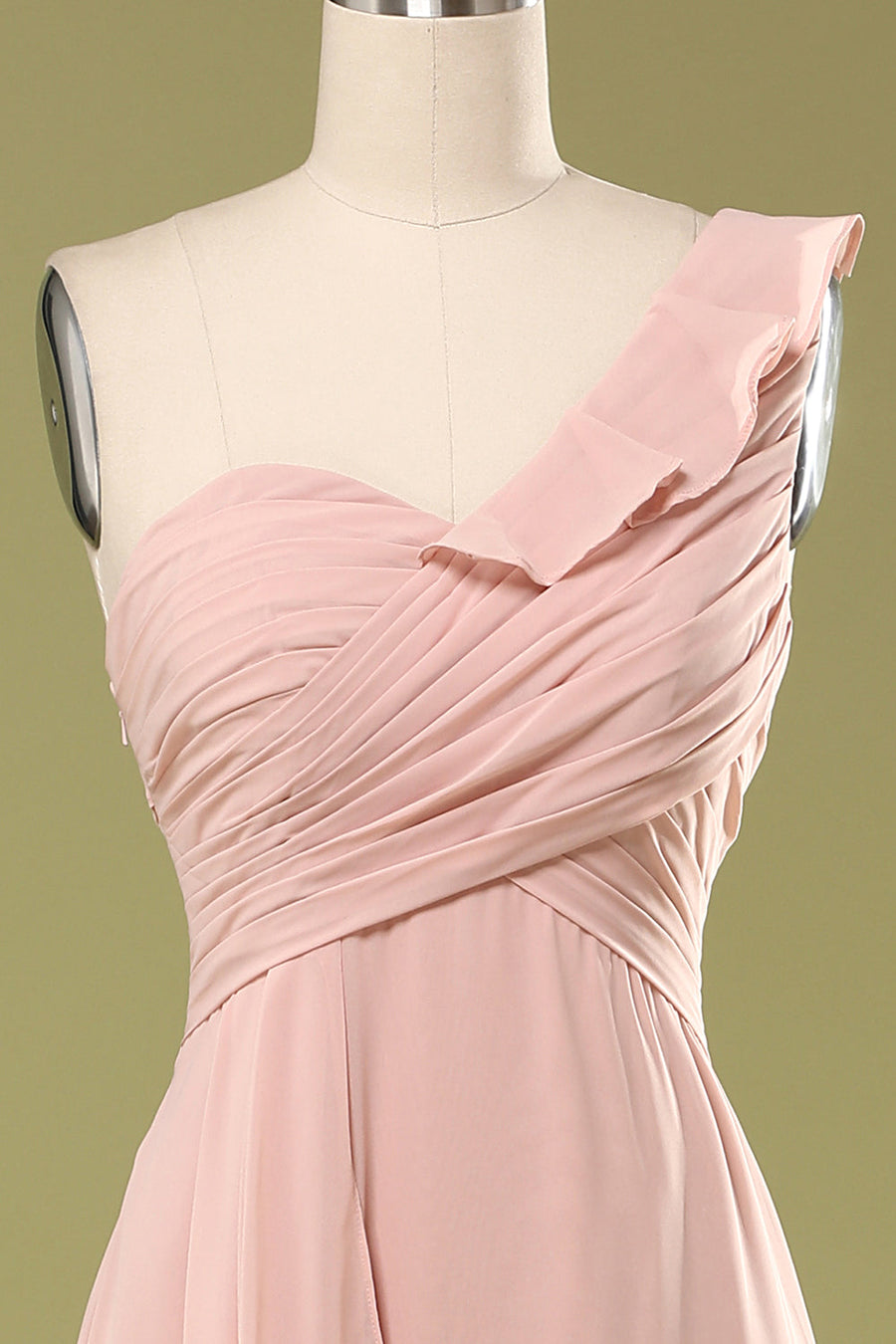 One Shoulder Blush Pink Chiffon Long Bridesmaid Dress