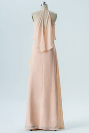 Peach Jewel Chiffon Flounce Chiffon A-line Long Bridesmaid Dress