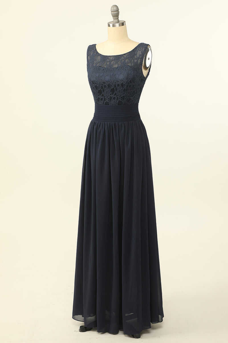 Scoop Pink Lace and Tulle A-line Long Bridesmaid Dress