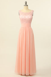 Scoop Pink Lace and Tulle A-line Long Bridesmaid Dress