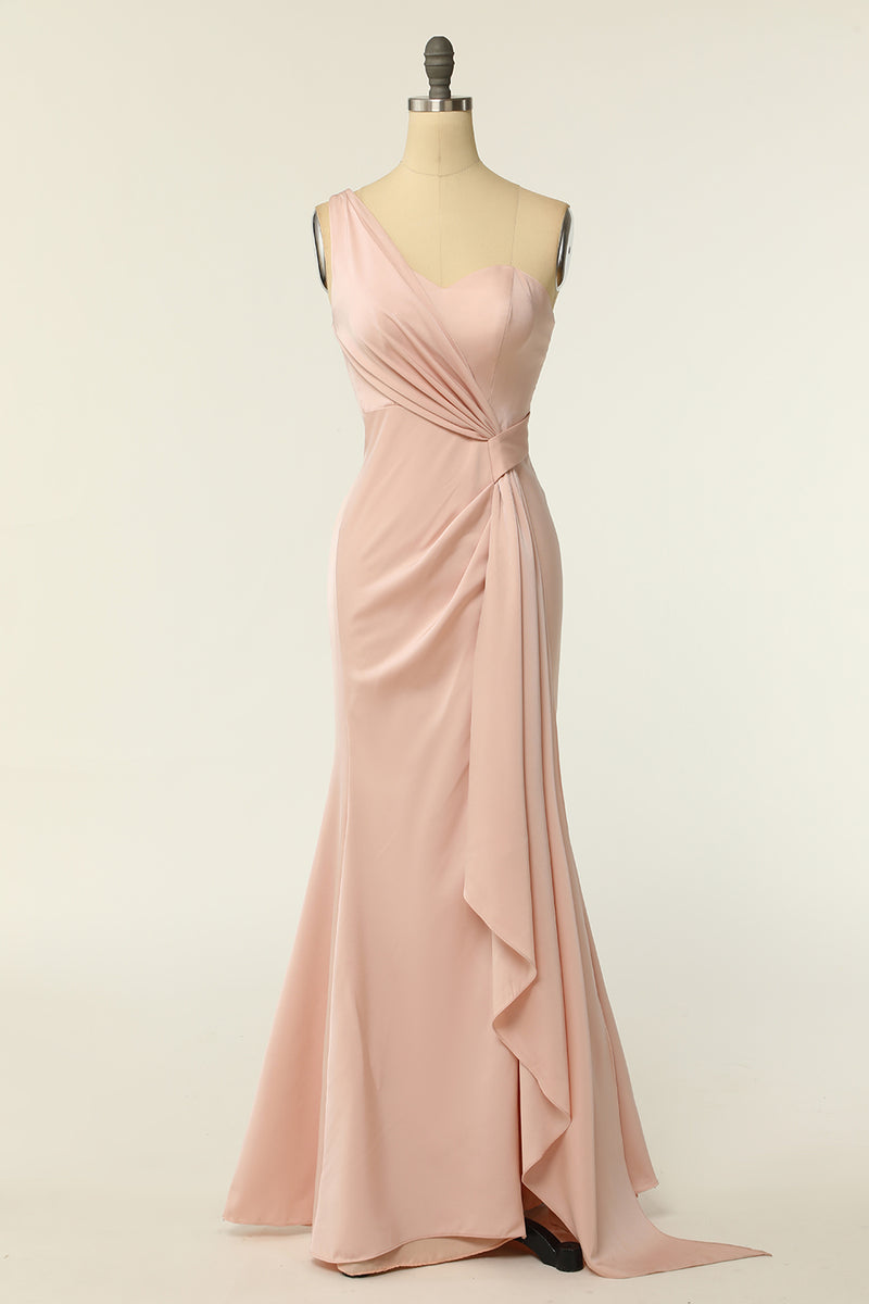 One Shoulder Blush Pink Mermaid Long Bridesmaid Dress