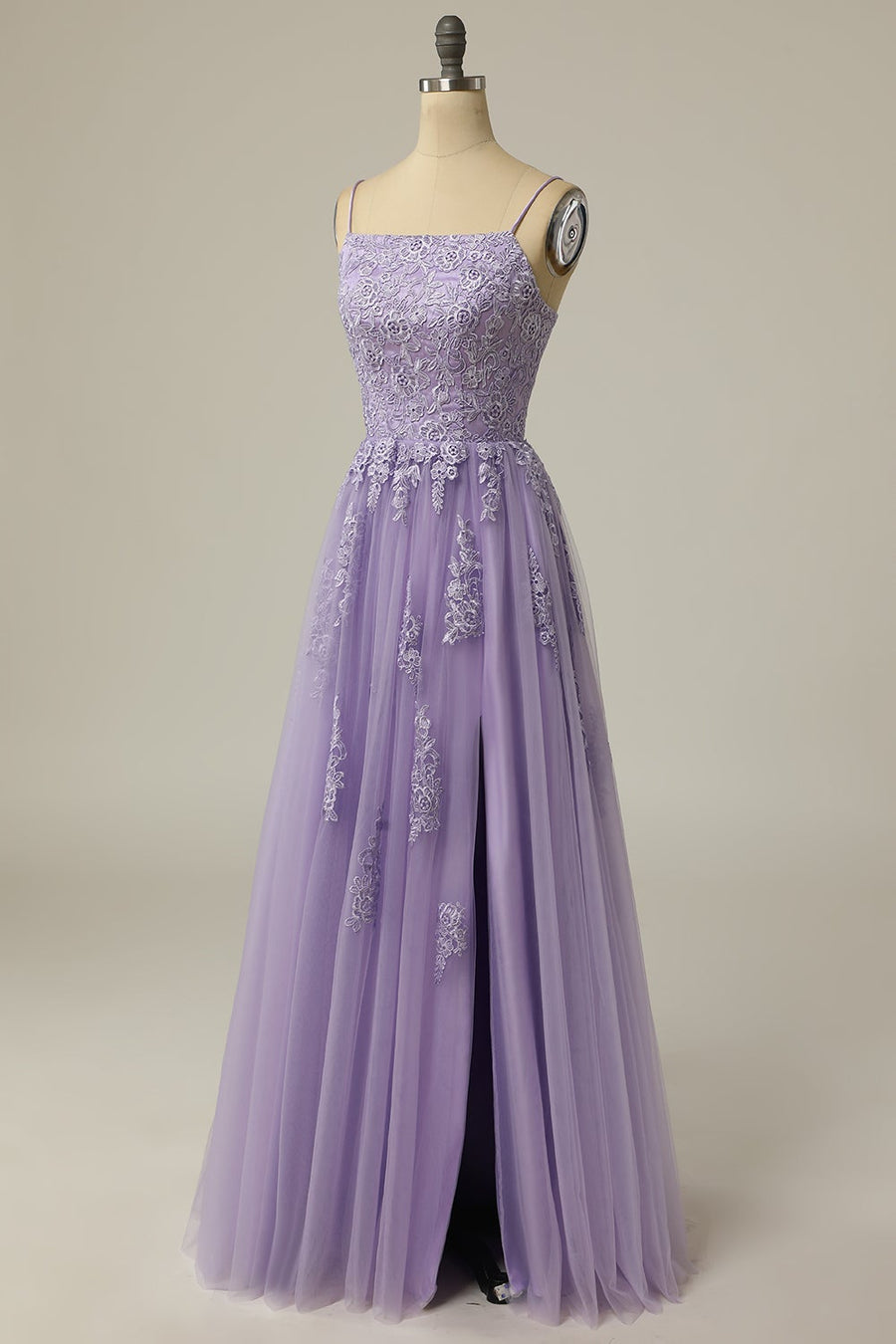 Straps Lavender Appliuqes A-line Long Formal Dress with Slit
