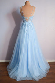 Straps Blue Lace Appliques A-line Long Formal Dress