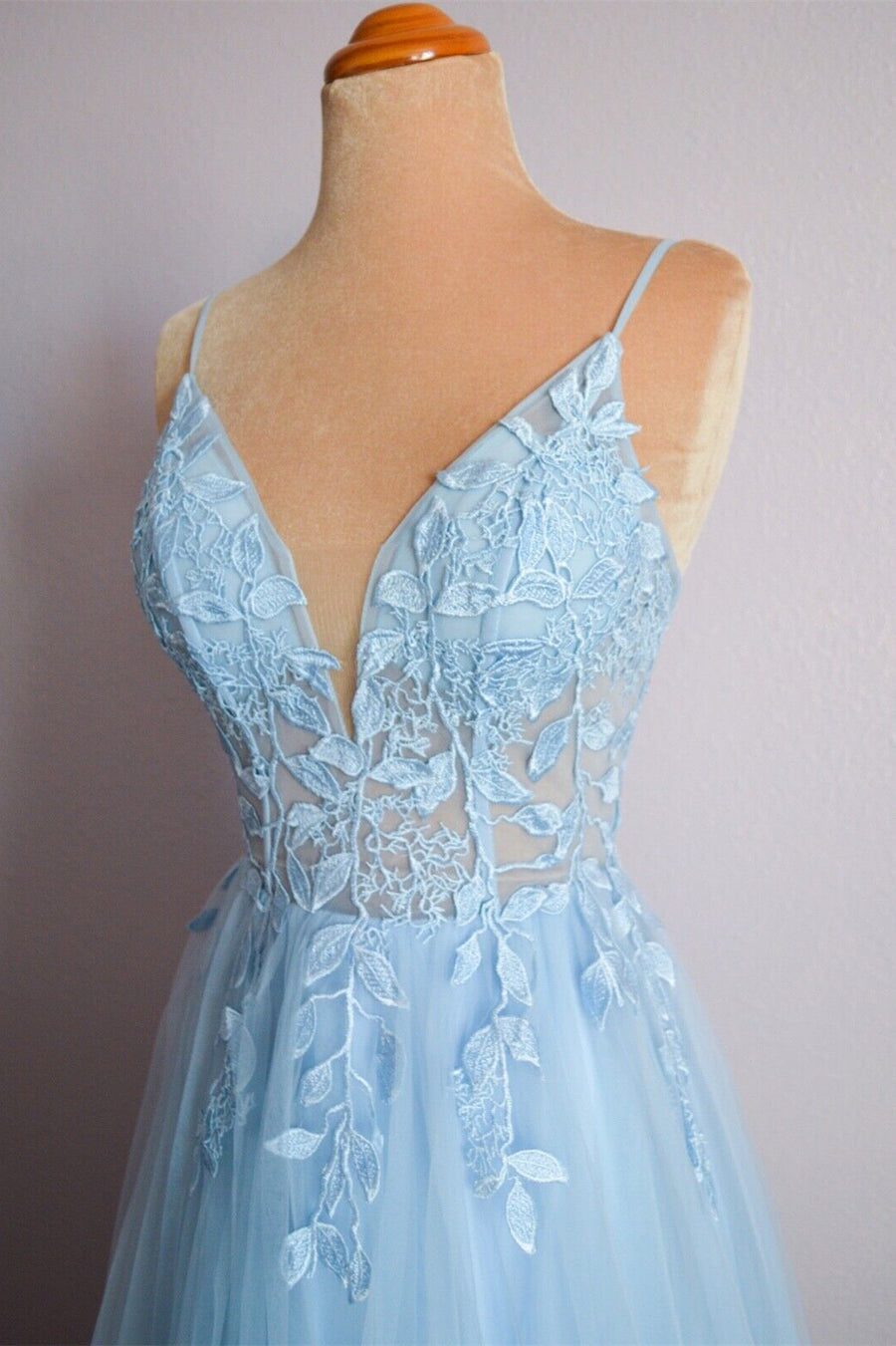 Straps Blue Lace Appliques A-line Long Formal Dress