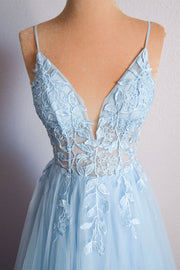Straps Blue Lace Appliques A-line Long Formal Dress