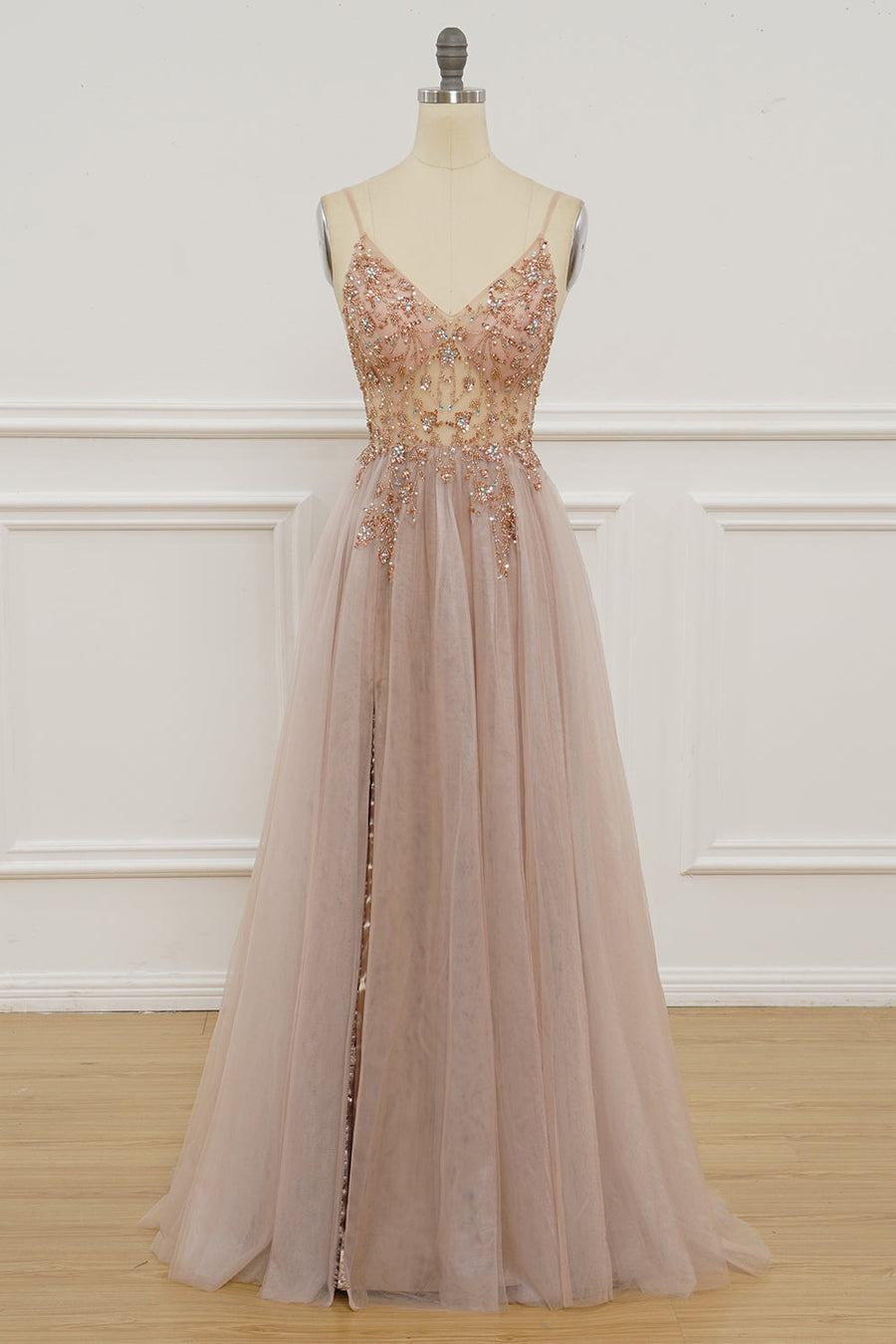 Lavender Beaded A-line Tulle Formal Dress