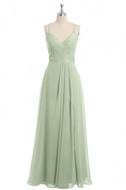 Sage Green Straps A-line Long Bridesmaid Dress