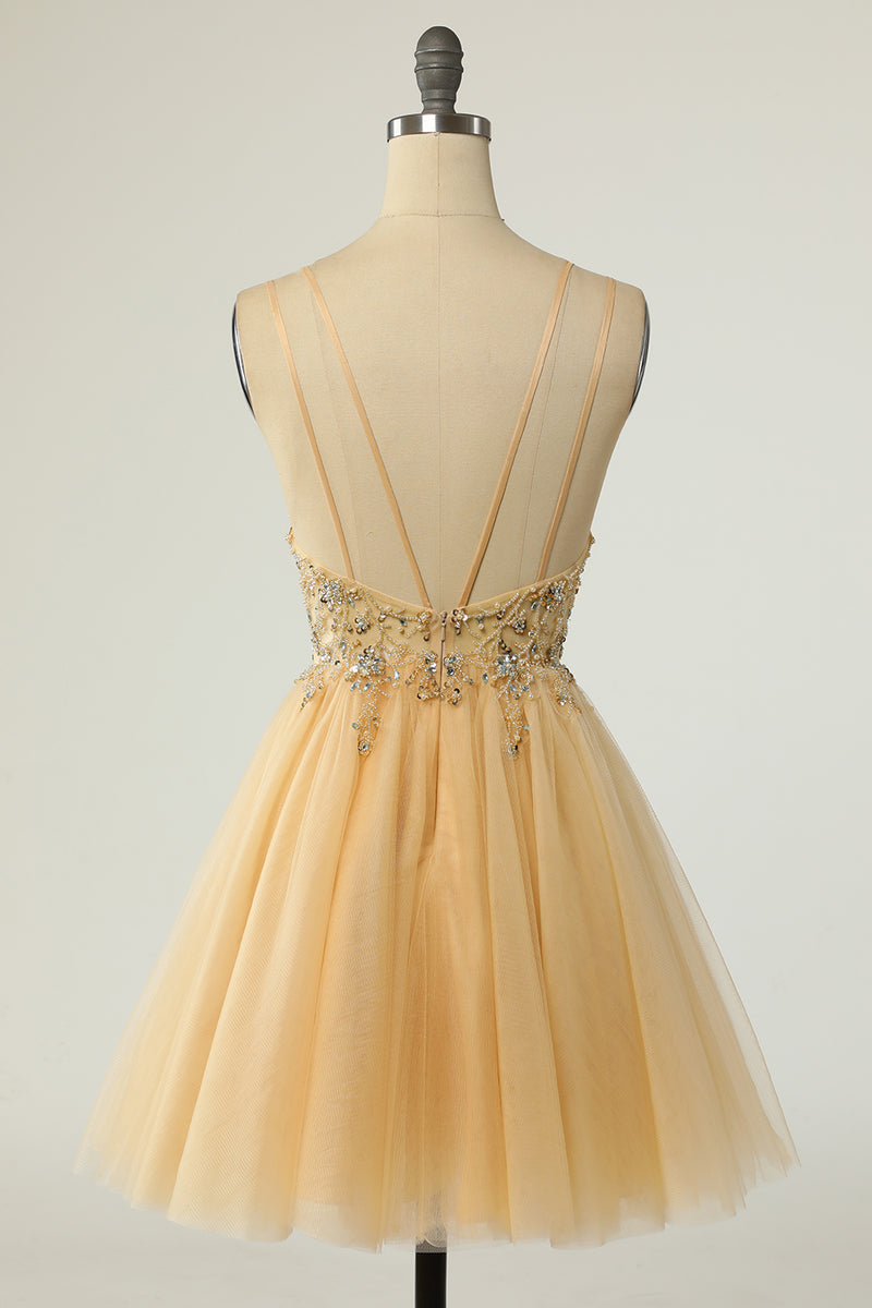 Champagne Beaded A-line Short Tulle Homecoming Dress