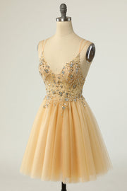 Champagne Beaded A-line Short Tulle Homecoming Dress