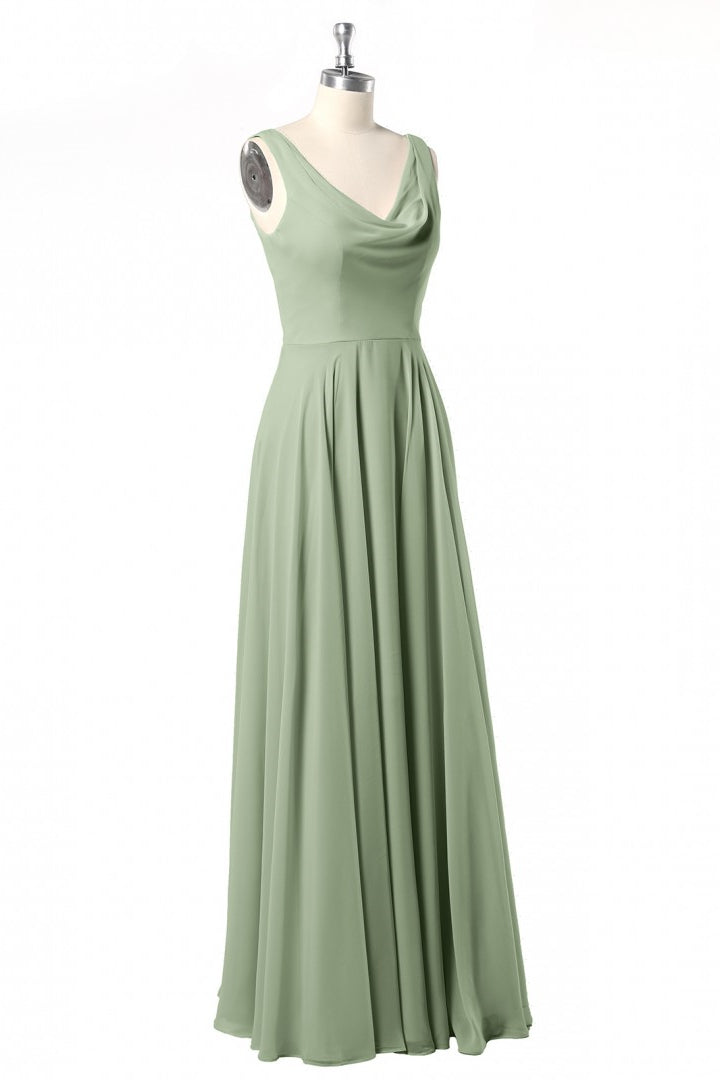 Cowl Neck Sage Green A-line Long Bridesmaid Dresss