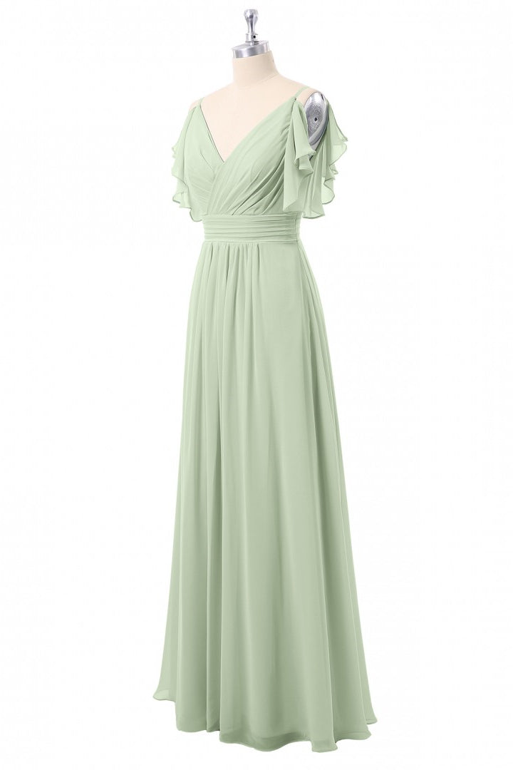 Flutter Sleeves Sage Green Pleated Long Bridesmaid Dress