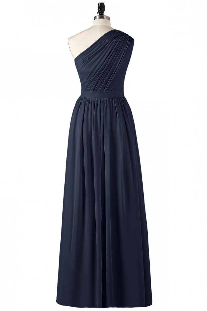 One Shoulder Navy Blue Pleated Long Bridesmaid Dress