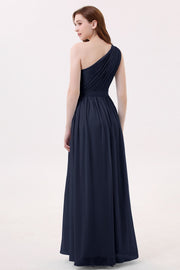 One Shoulder Navy Blue Pleated Long Bridesmaid Dress