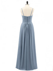 Dusty Blue Straps A-line Ruffles Long Bridesmaid Dress