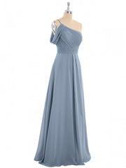 One Shoulder Dusty Blue Chiffon A-line Long Bridesmaid Dress