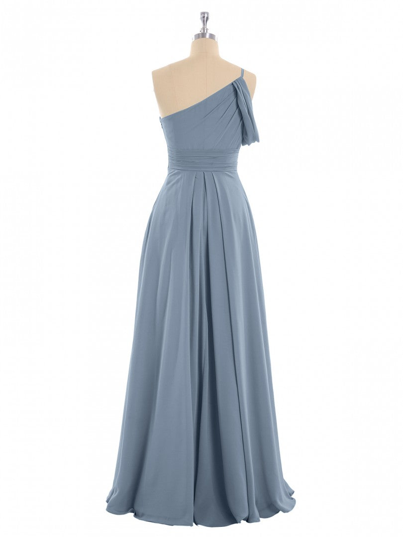 One Shoulder Dusty Blue Chiffon A-line Long Bridesmaid Dress