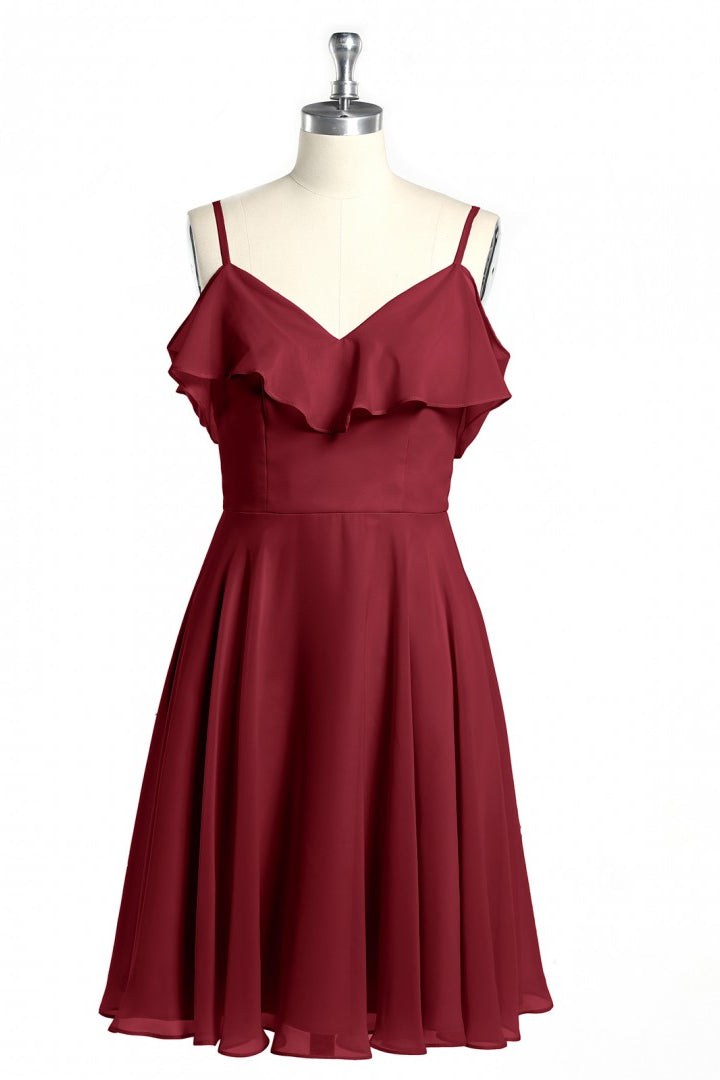 Wine Red Straps Short Ruffles Bridesmaid Dress