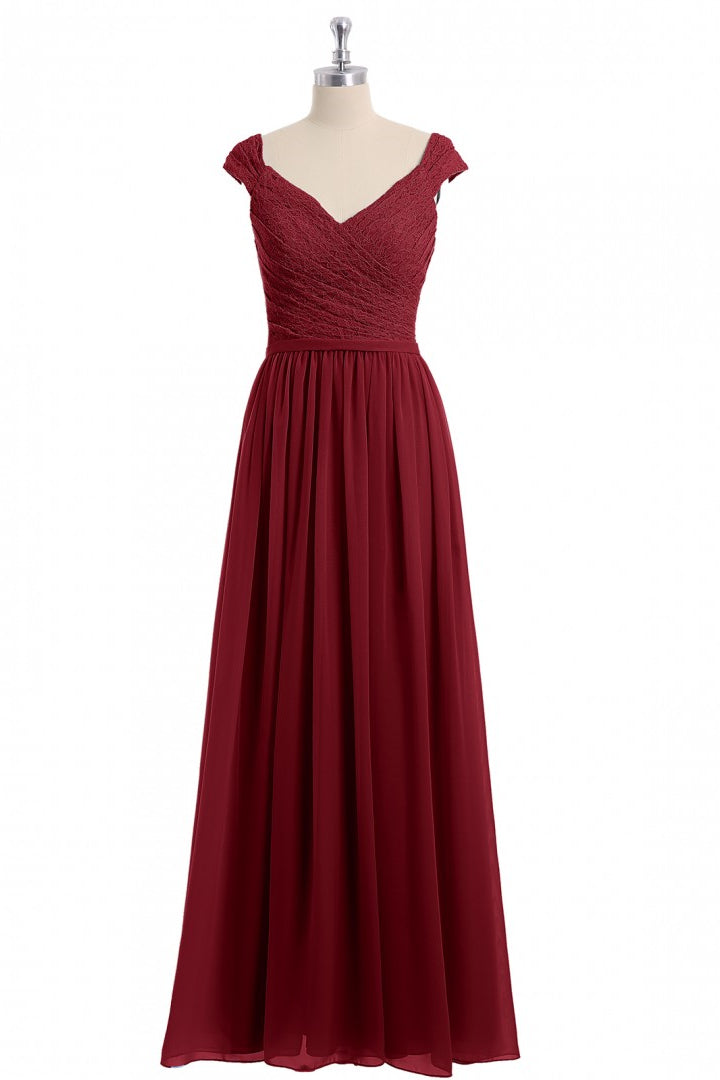 Cap Sleeves Wine Red Lace and Chiffon Long Bridesmaid Dress