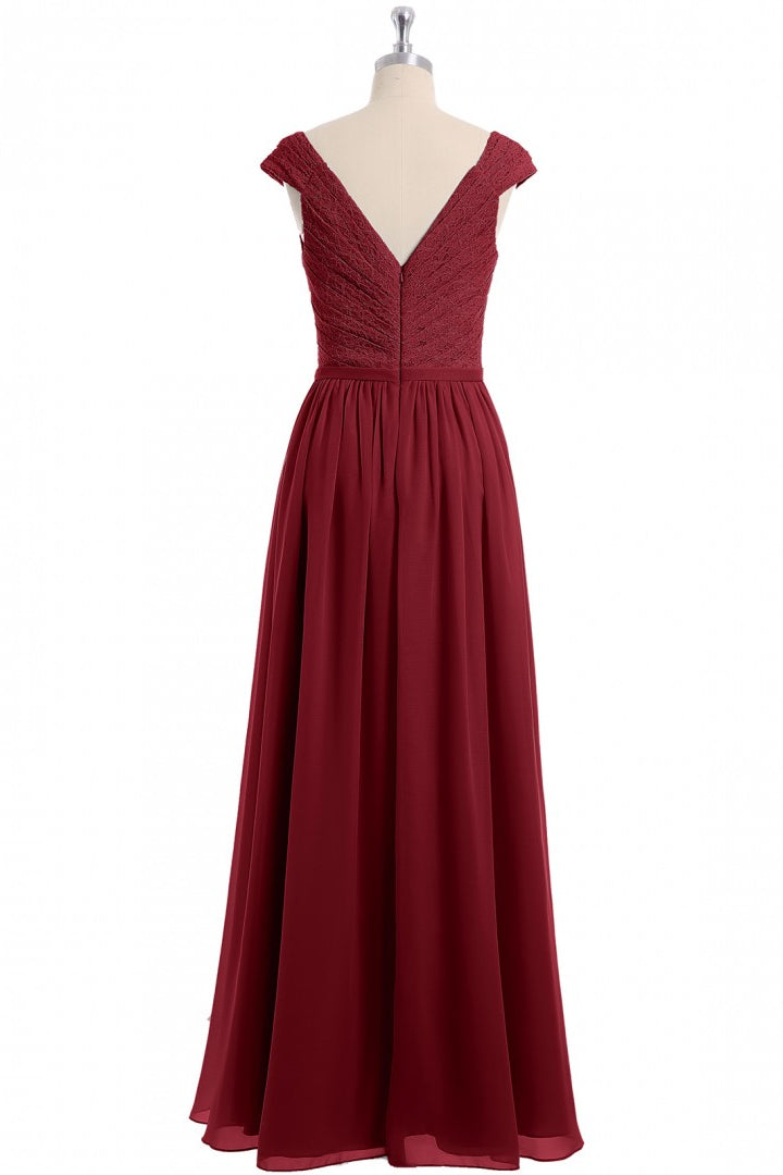 Cap Sleeves Wine Red Lace and Chiffon Long Bridesmaid Dress