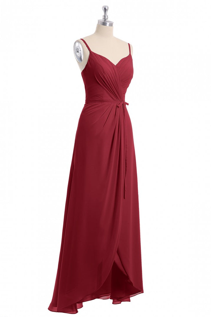 Wine Red Straps Faux Wrap Long Bridesmaid Dress