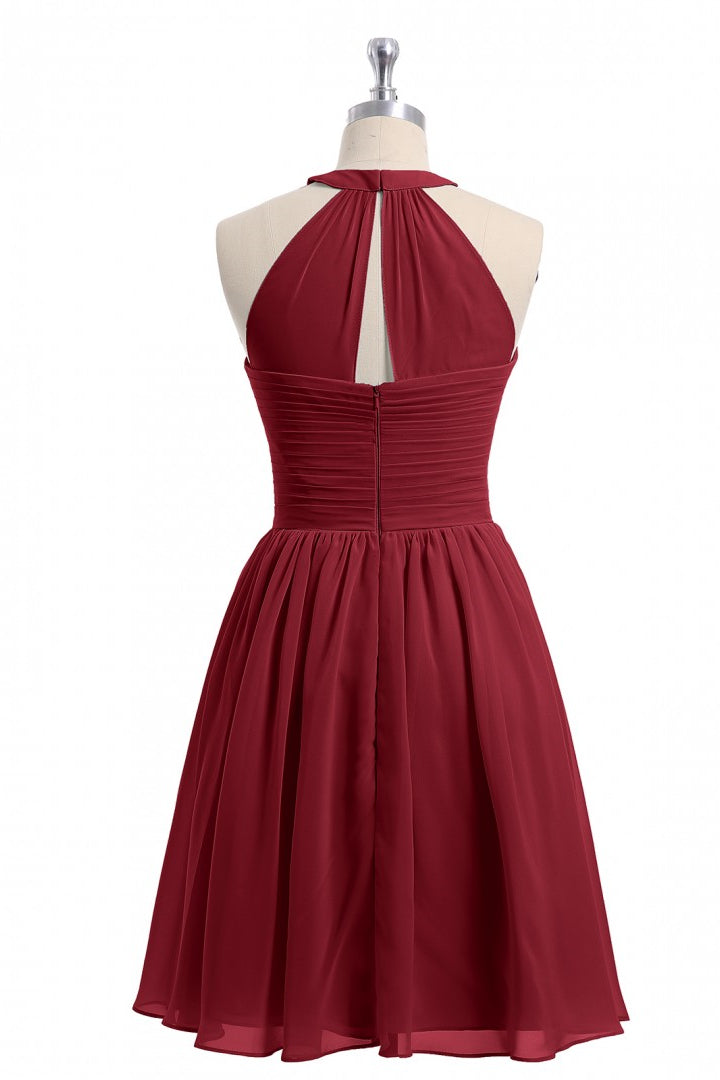 Halter Wine Red Chiffon Short Bridesmaid Dress