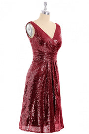 Wine Red Sequin V Neck Short Bridesmaid Dress
