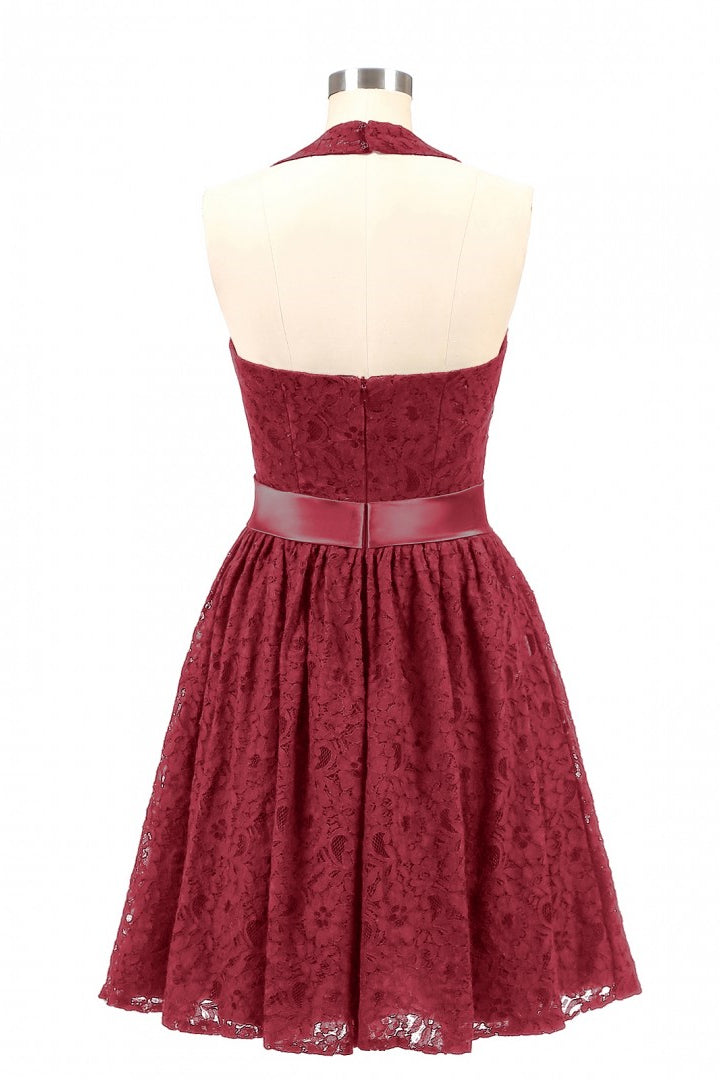 Halter Wine Red Lace Short A-line Bridesmaid Dress