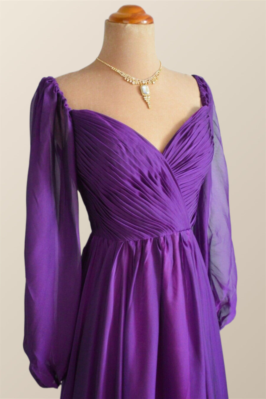 Long Sleeves Purple A-line Long Formal Dress