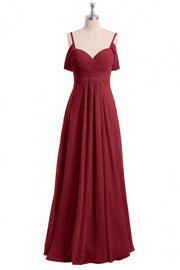 Straps Wine Red A-line Pleated Chiffon Long Bridesmaid Dress