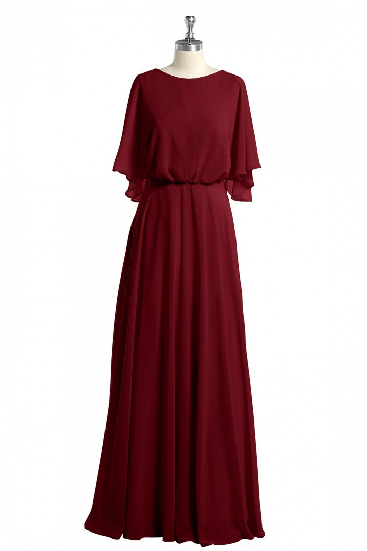 Flutter Sleeves Wine Red Chiffon Blouson Long Dress