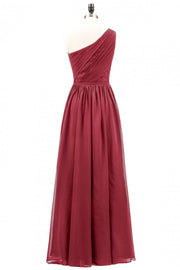Wine Red One Shoulder A-line Chiffon Long Bridesmaid Dress