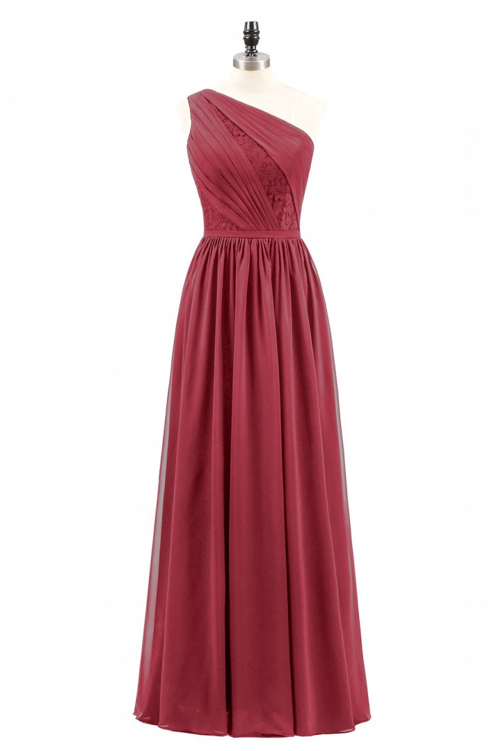 Wine Red One Shoulder A-line Chiffon Long Bridesmaid Dress