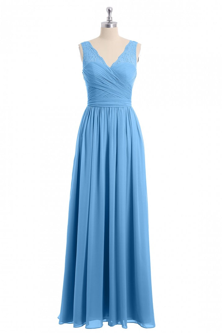 Blue A-line Lace and Chiffon Long Bridesmaid Dress