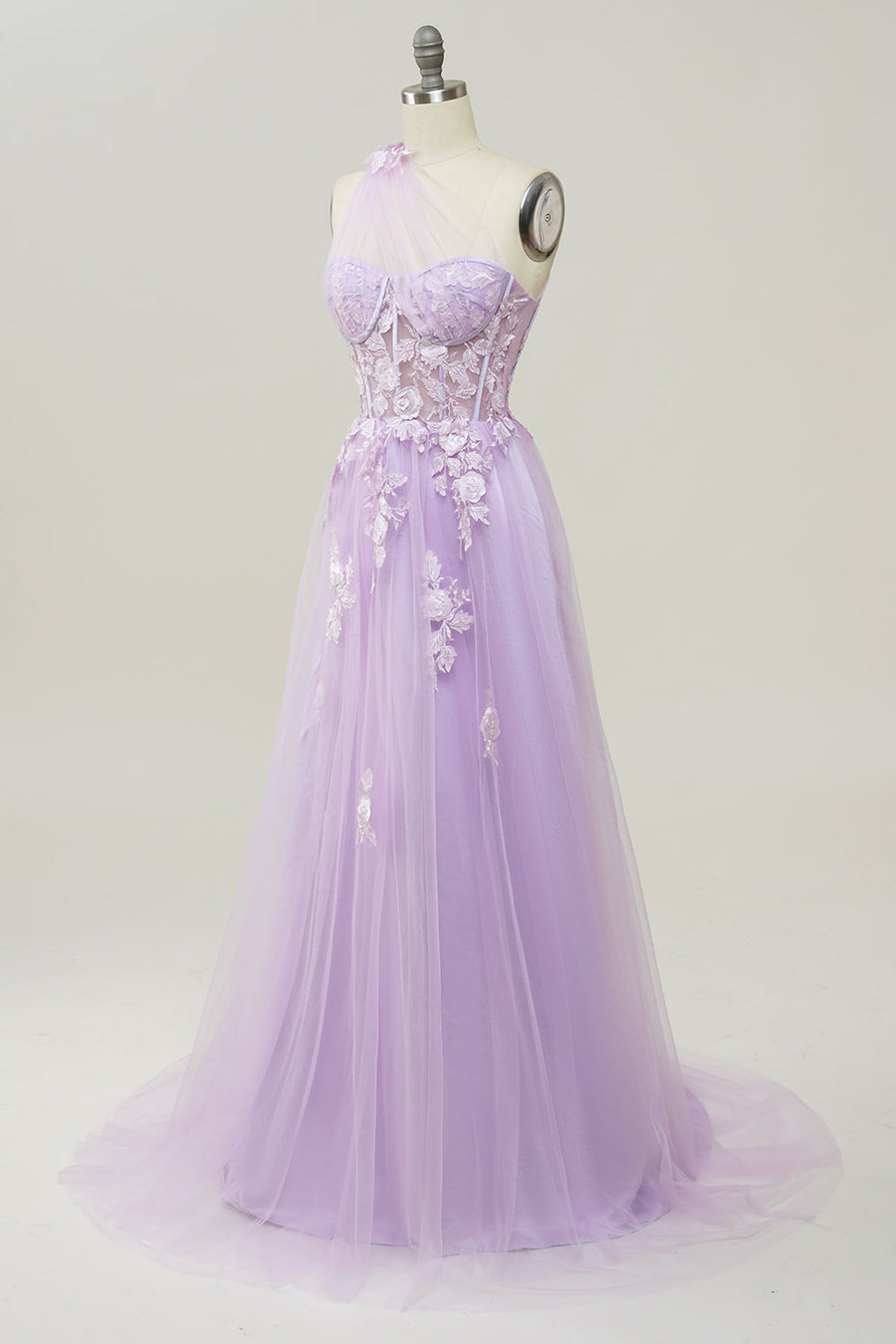Lavender One Shoulder Appliques Long Formal Dress