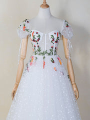 White Floral Corset Cap Sleeves Long Formal Gown