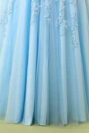 Blue Lace Appliques A-line Long Formal Dress