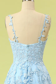 Blue Lace Appliques A-line Long Formal Dress