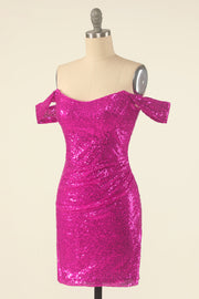 Fuchsia Off the Shoulder Sequin Party Mini Dress